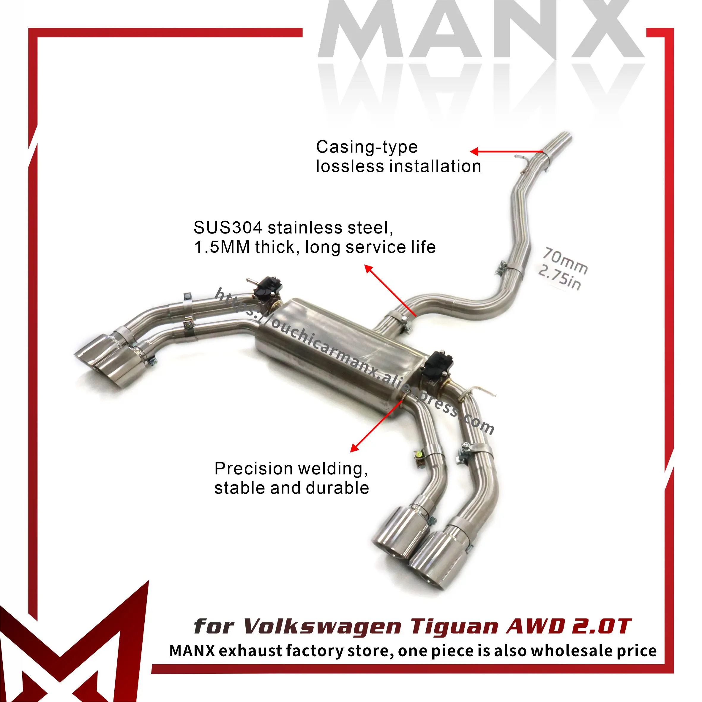 

MANX Catback for Volkswagen Tiguan AWD 2.0T SUS304 Exhaust system easy installation Electronic valves Increased power
