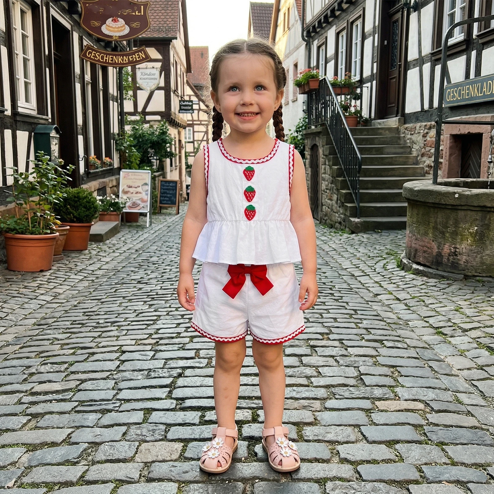 1-4Y Girls Shorts Set Sleeveless Crew Neck Embroidery Strawberry Tank Top Shorts Summer 2piece Girls Outfit Set