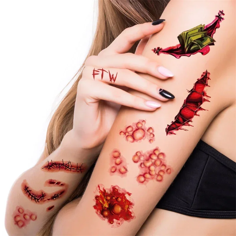 10 Sheets Halloween Terror Wound Temporary Tattoo Waterproof Realistic Blood Tattoos Injury Scar Tattoo Stickers For Face Hands