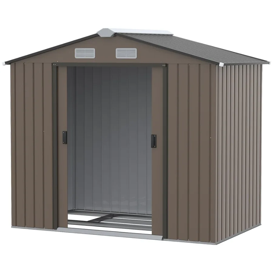 

Outdoor Shed 7 x 4 Brown Garden Storage Organizer with Vents Sliding Doors for Patio Lawn