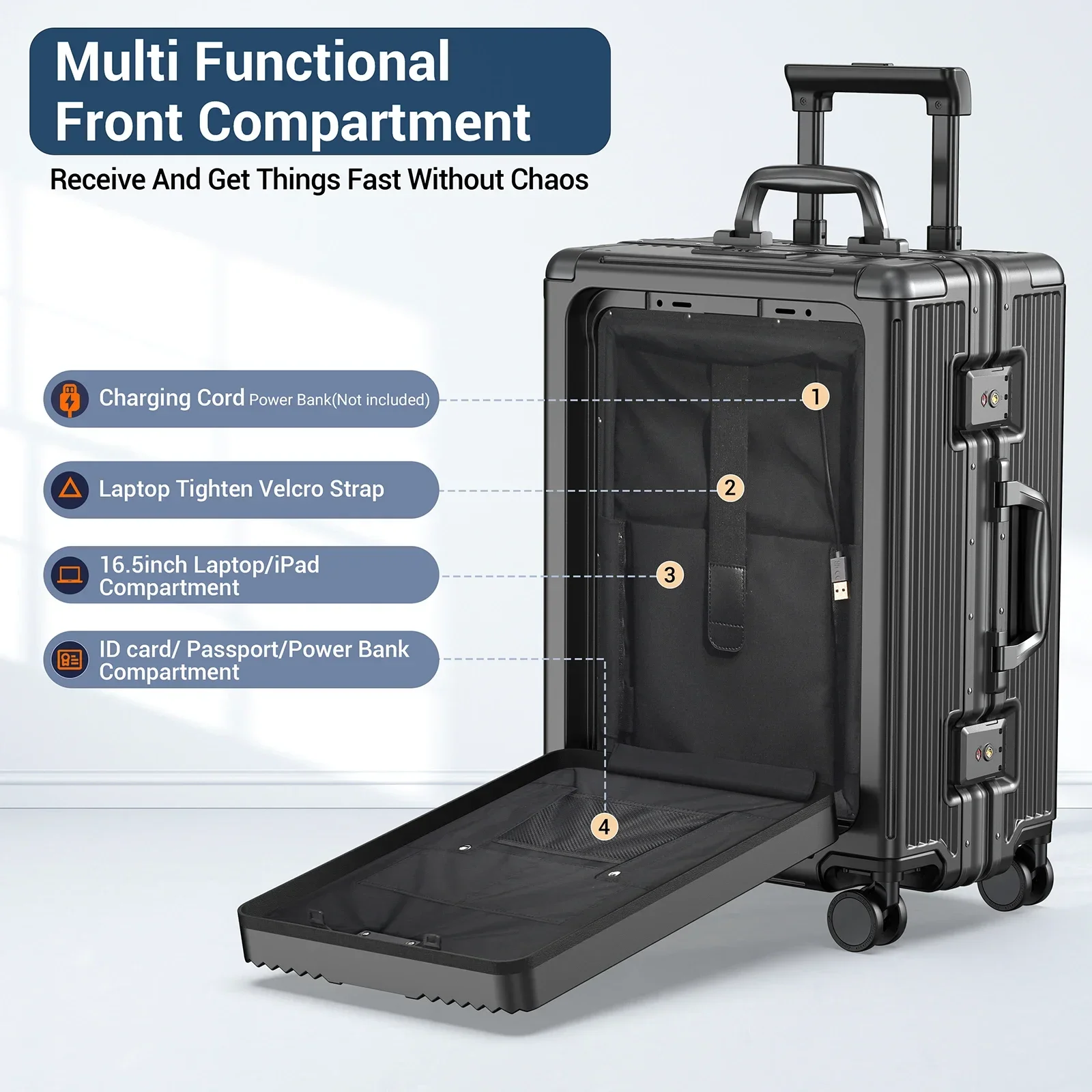 Airline Approved 22 inch Carry On Luggage,Aluminum Framed Carry On Suitcase with Front Open Laptop Compartment/Pocket