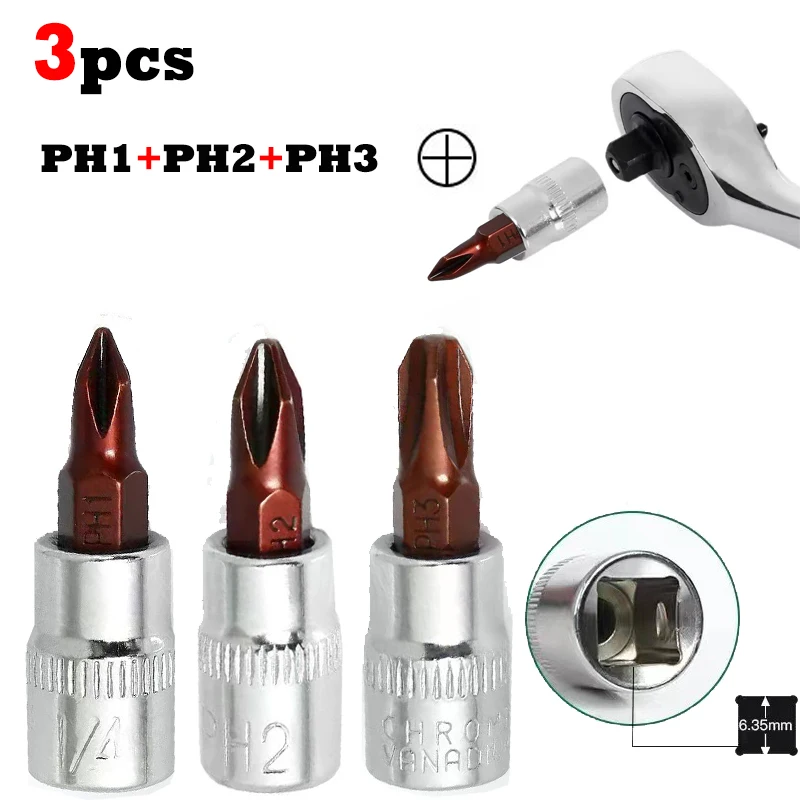 3pcs Phillips screwdriver 1/4-inch Drive Bit Socket PH1 PH2 PH3 Bit Socket Standard Metric S2 Steel Bits