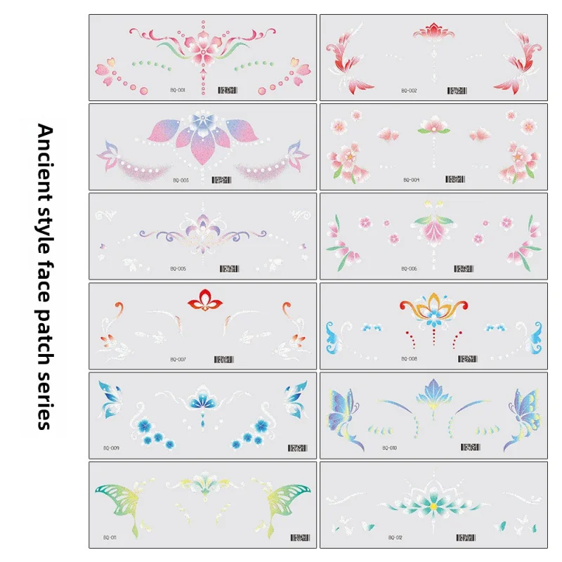 4-częściowe nowe naklejki w stylu chińskim błyszczące pasterki do twarzy wodoodporne i odporne na pot krajowe modne małe świeże naklejki na tatuaż