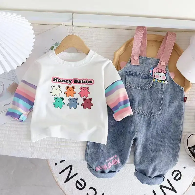 Meisjes Herfst Denim Bandbroek Set 2023 Nieuwe Koreaanse Editie Buitenlander Kinderen Lange Mouw T-Shirt Broek Tweedelige Set