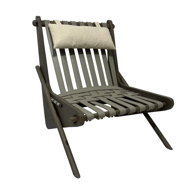 Wind ancient leisure balcony sofa recliner B & B furniture retro solid wood saddle leather woven leisure chair
