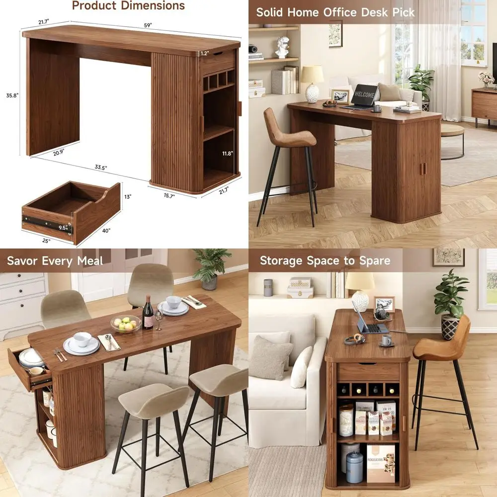 

59 Counter Height Kitchen Island with Storage, Sliding Door Cabinet, Wine Rack & Dark Walnut Finish