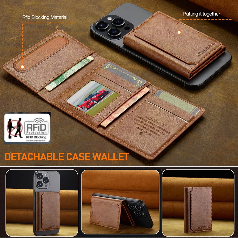 RFID Shielded Credit Card Wallet with Card Slots,Faux Leather Magnetic Suction Cup for Phone & Cards,Phone Wallet Ideal Gift