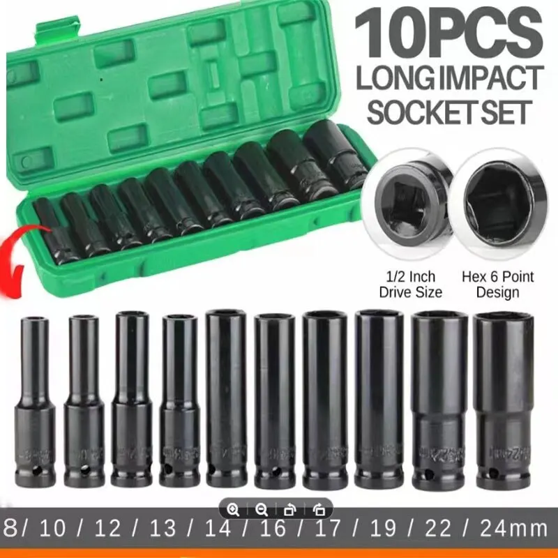 10PCS of Extended Socket Head Electric Socket Set Telescopic Socket Head Automotive Maintenance Tool Hexagonal Sleeve