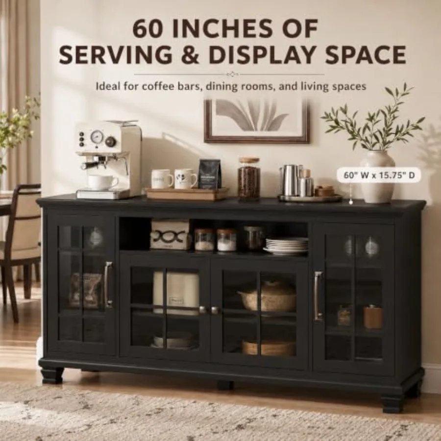 60-Inch Sideboard Buffet with Glass Doors for dining room, engineered wood, walnut finish, soft-close hinges and adjustable she view 3