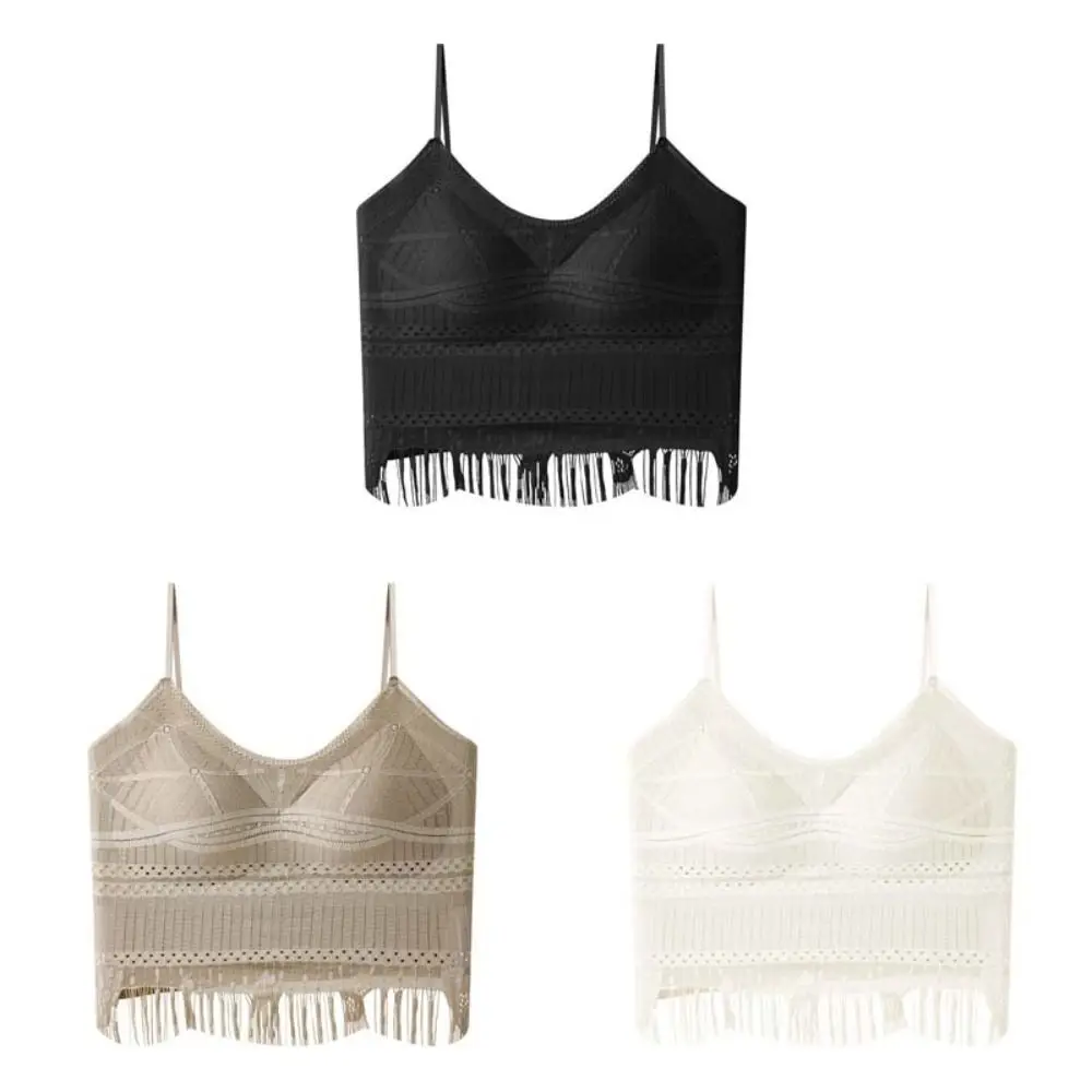 Camisola elegante con cojín para el pecho, camisola de seda helada con borlas de encaje, Tops cortos de Color sólido, chaleco con tirantes ajustado sin rastro para mujer