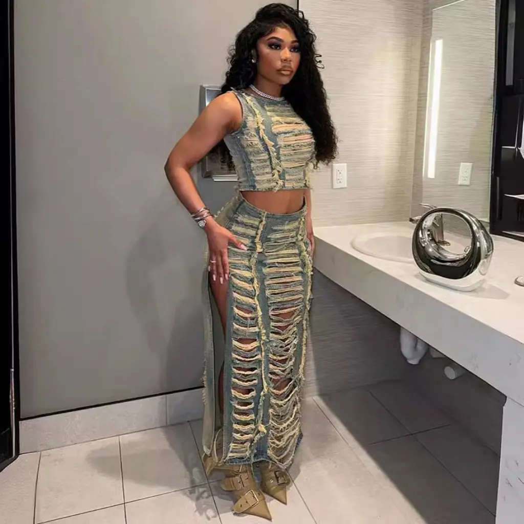 

Women's Denim Suit Fashion Personality Hand-Worn Vest Slit Design Skirt Set