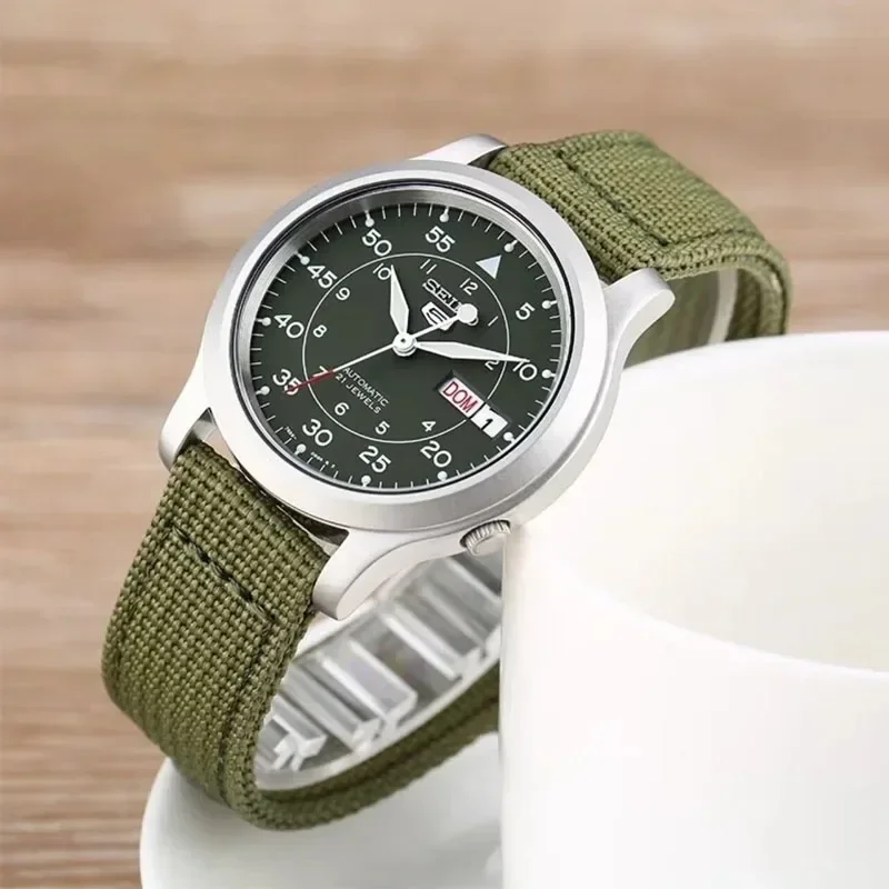 SEIKO-Relógio automático de luxo masculino, mostrador verde, pulseira de tecido, moda esportiva casual, original, SNK805