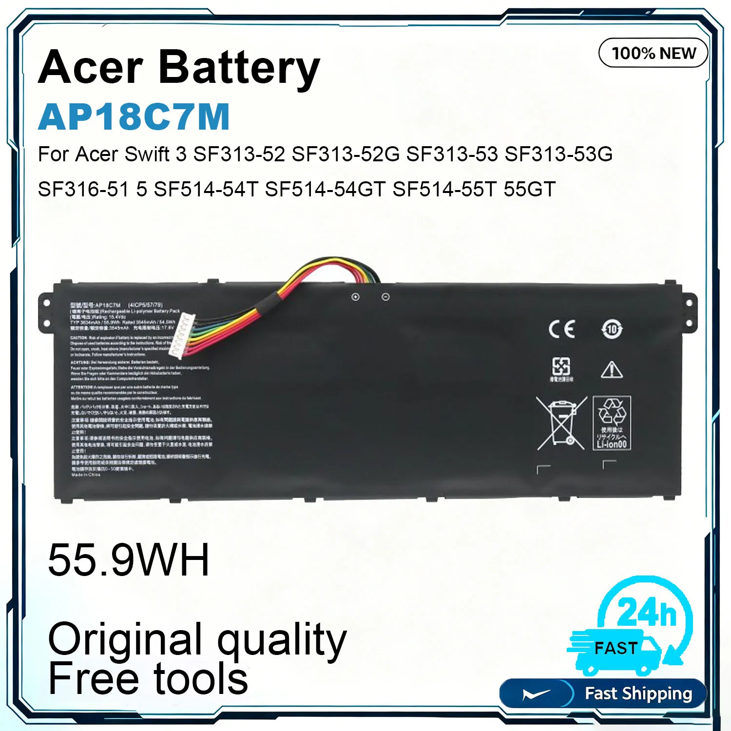 New Laptop Battery AP18C7M For Acer Swift5 SF514‑54T SF514‑54GT SF514‑55GT N19C4 N19W3 Series 4ICP5/57/79 15.4V 55.9Wh 3634mAh