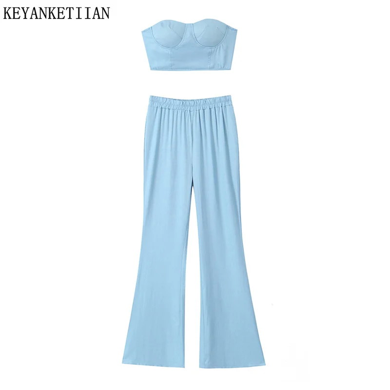 

KEYANKETIAN 2024 New Launch Soft Tencel Denim Texture Corset Vest Elastic Waist Baggy Wide-Leg Pants Women's Two Pieces Sets