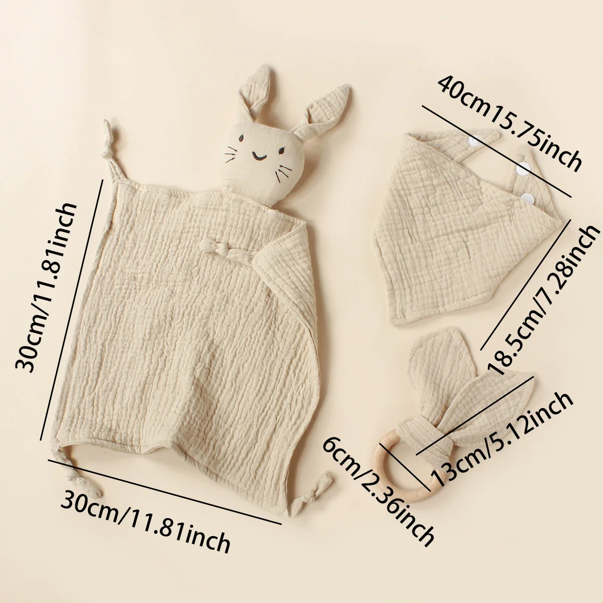 3pcs Baby Comfortable Towel Set Muslin Cat Square Triangle Bib Rabbit Ear Wooden Ring Tething Set For Kids Children Saliva Tools