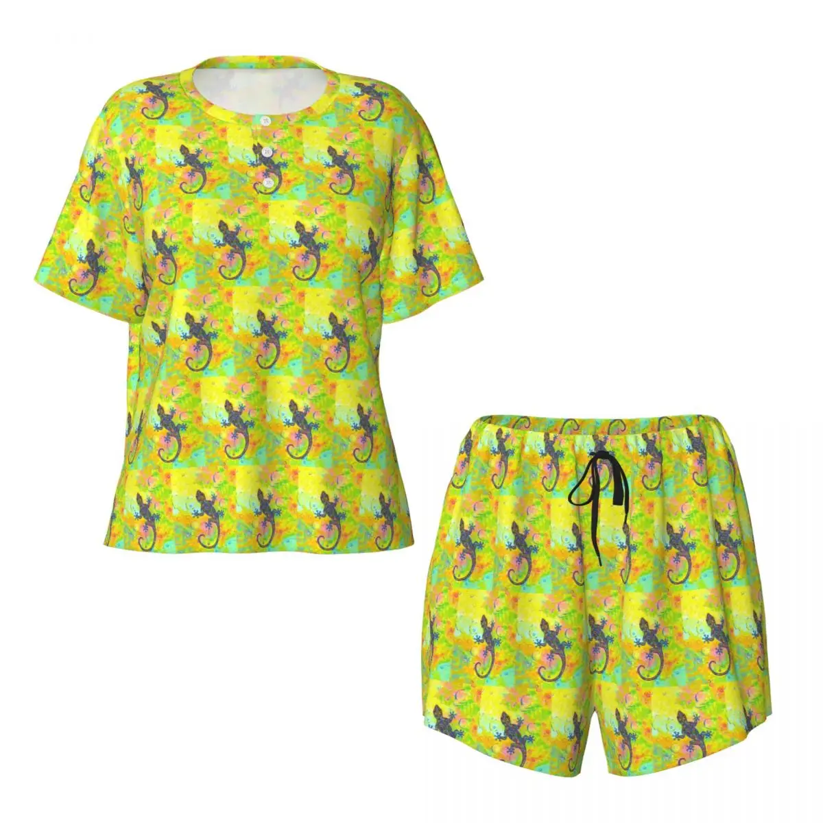 

Electric Groovy Gecko Psychedelic Paisley Lizard Round Neck Short Sleeves Nightdress for Sleeping Women Pajama Set Short Pants