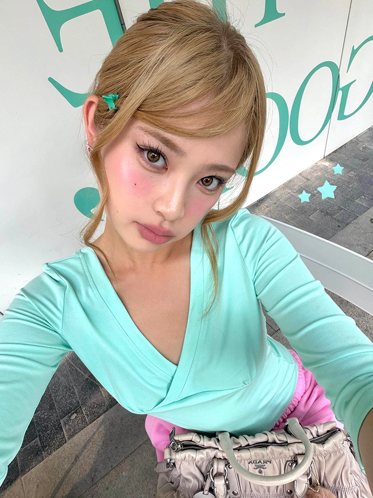 Tonngirls Y2k Japanese T-shirt Women Slim Half Sleeve Tee Korean Style Vintage Tops Sexy Green Crop Tops 2000s Aesthetic Tshirt