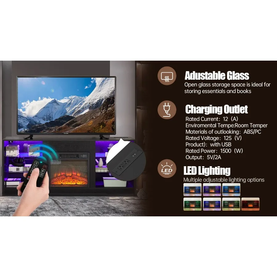 حامل تلفزيون مدفأة كهربائية حامل تلفاز مع أرفف زجاجية حامل تلفزيون مدفأة ثلاثي الأبعاد مع أضواء LED خشب مع منفذ شحن USB