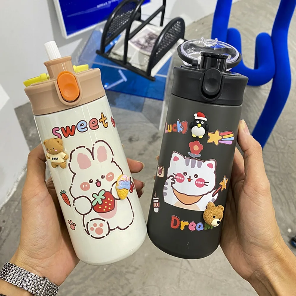 500ML Large Capacity Insulated Water Bottle Cartoon Animal Pop-up Lid Children's Thermal Cup Portable Stainless Steel