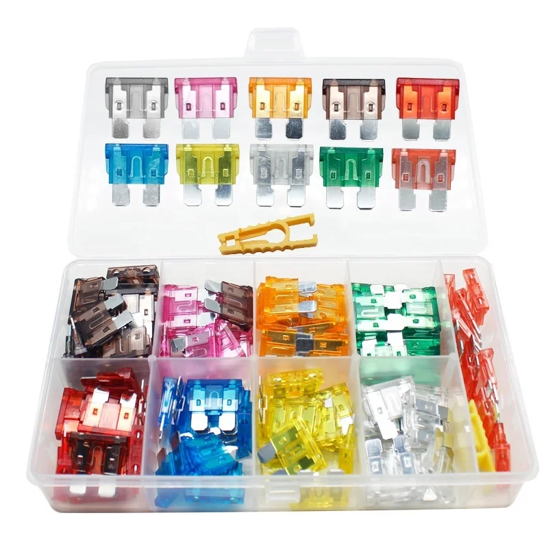 100 PCS Profile Medium Siz Blade Type Assortment Set Auto Car Truck 2.5/3/5/7.5/10/15/20/25/30/40A Fuse With Box Clip