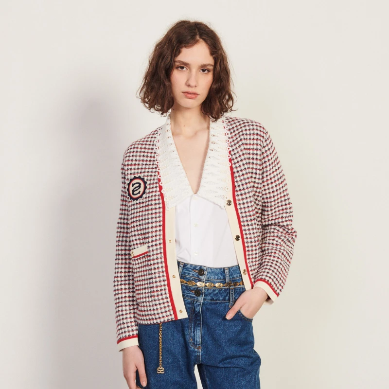 

2024 Spring New Design Women's Colour Block Trim Plaid Knitted Cardigan Brand S Brand Free Shipping