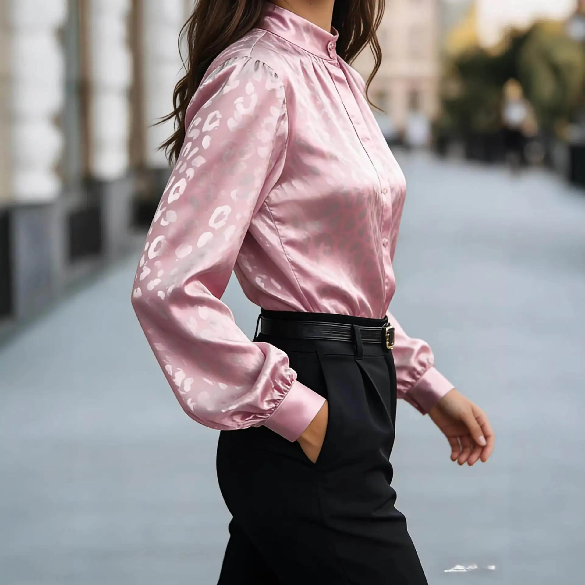

Ele Satin Pleated irt Collar Top Long Sve Autumn Workwear Sle New Arrival Men's Faion without Brand