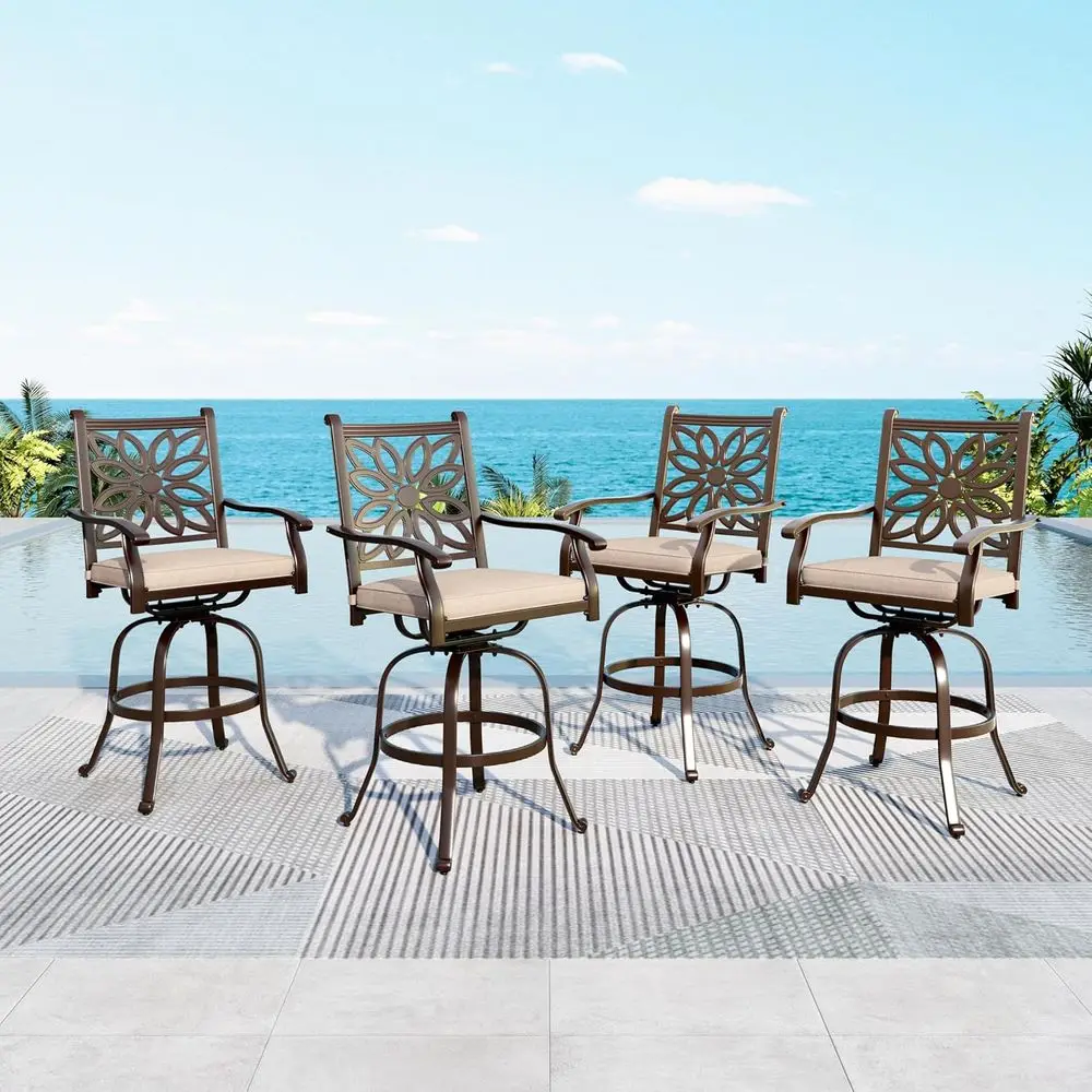 

Outdoor Barstools Set o 4, Cast Swivel Outdoor Bar Chairs, Bar Height Patio Chairs with Extra Wide Seat and Cushion, Brown, 350l