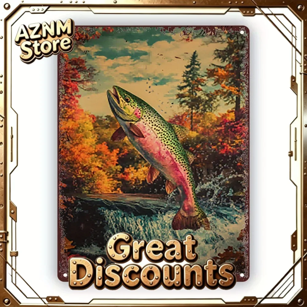 [Vintage Rainbow Trout Wall Art] Vintage Wall Art | Rustic Rainbow Trout Metal Sign -  , Autumn Jumping Fish Design with Vibr