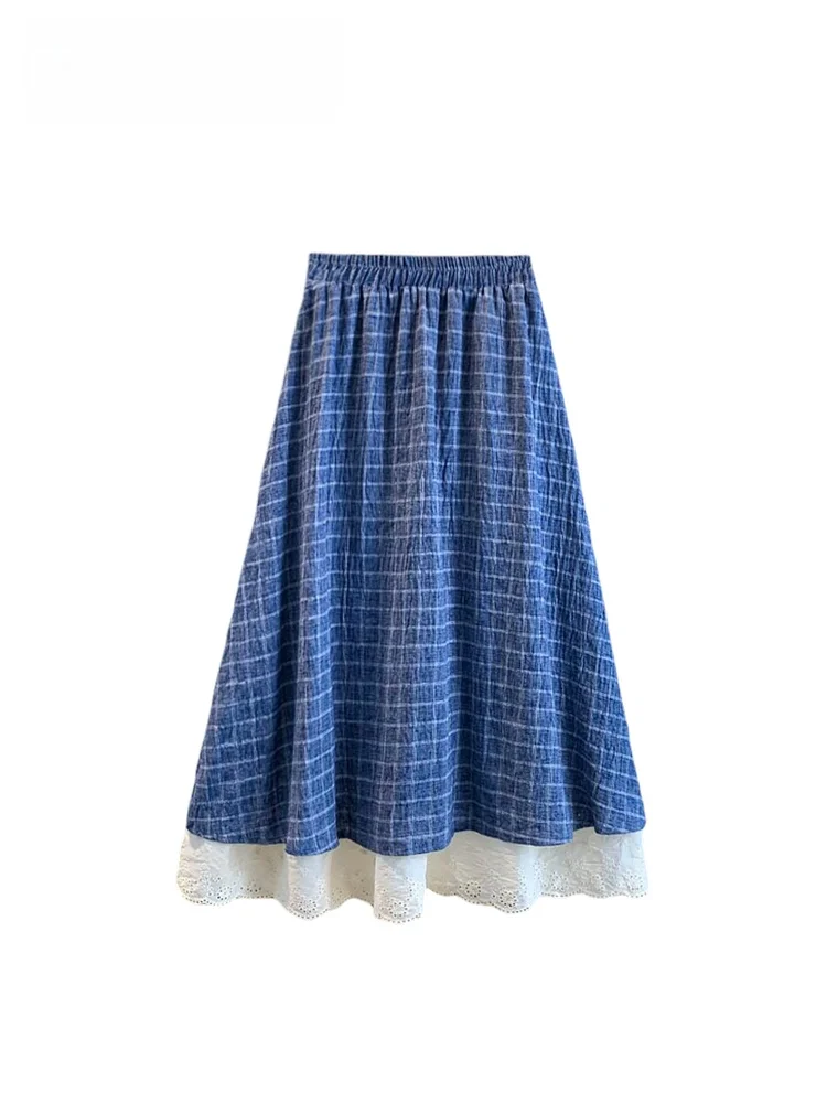 

High Waist Plaid Half Skirt for plus Size Women Spring New Style Pear Shaped Body Splicing Skirt Commute Loose Fit Bamboo Cotton