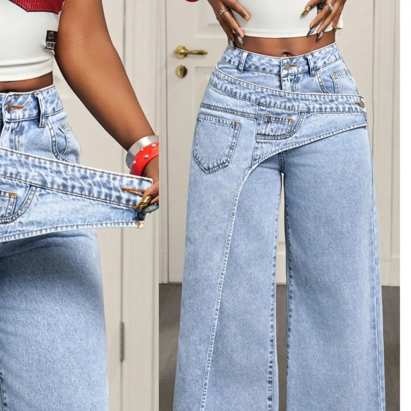 Light Wash Irregular Waist Skirt Overlay Wide Leg Jeans Women High Waist Patchwork Layered European Street Fashion Bottoms