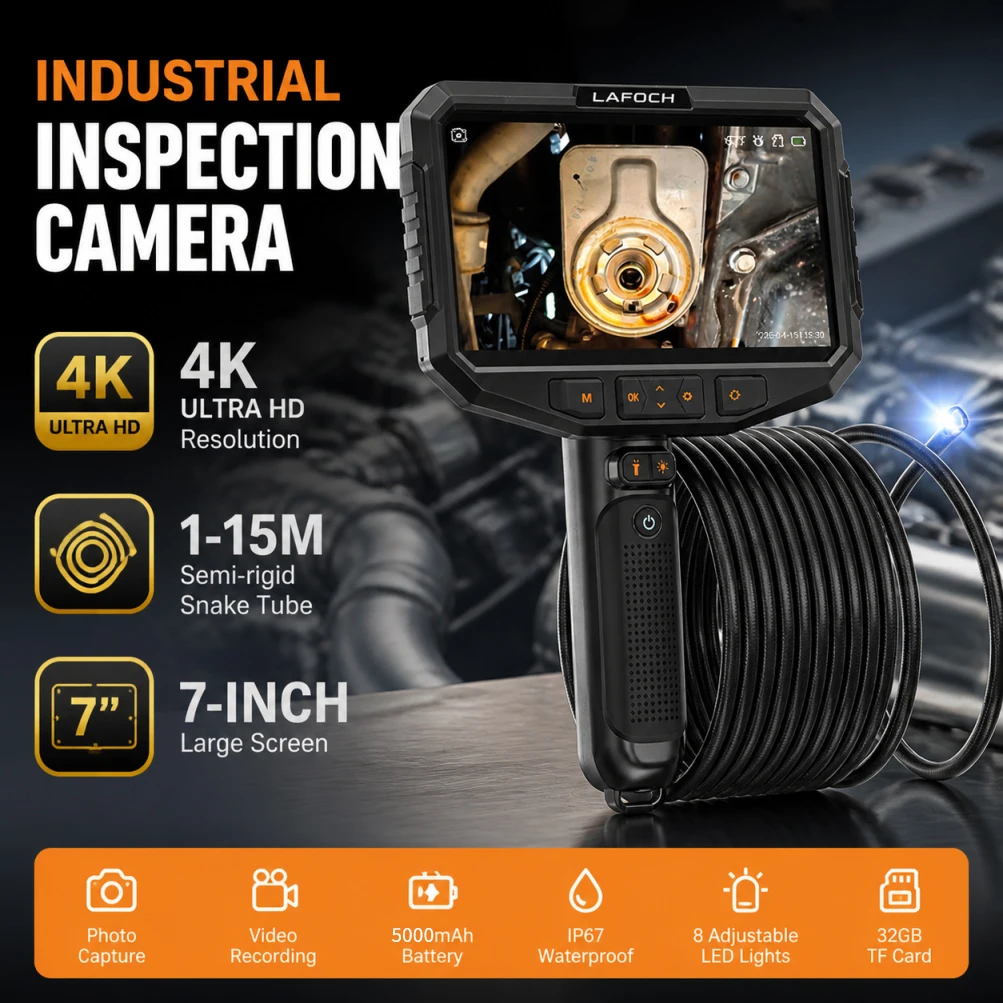 7 Inch 15mm Auto Focus 4K HD Industrial Endoscope Borescope Camera, Inspection Camera for Engine Pipeline Wall