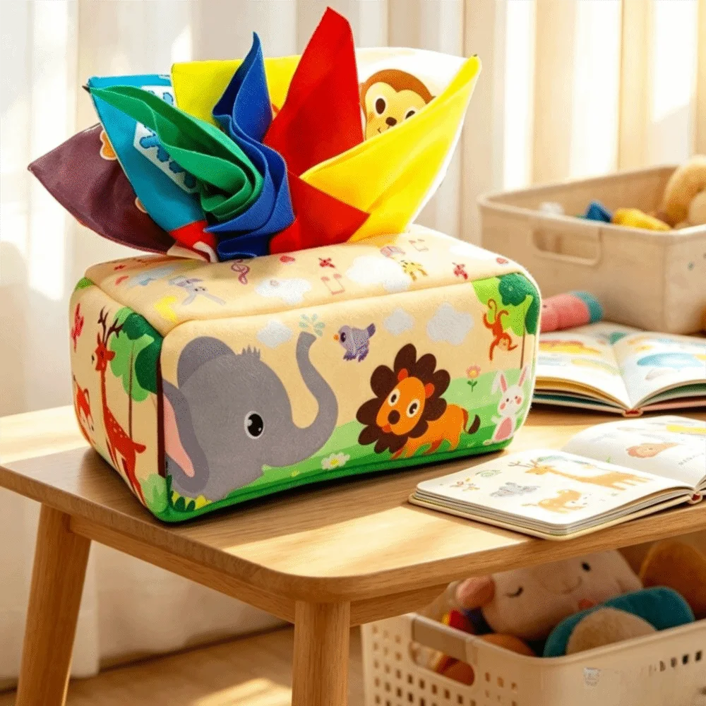 Educational Baby Montessori Boxes Crinkle Cloth Interactive Tissue Box Toys Skills Training Soft Infant Pull Along Kids Gifts