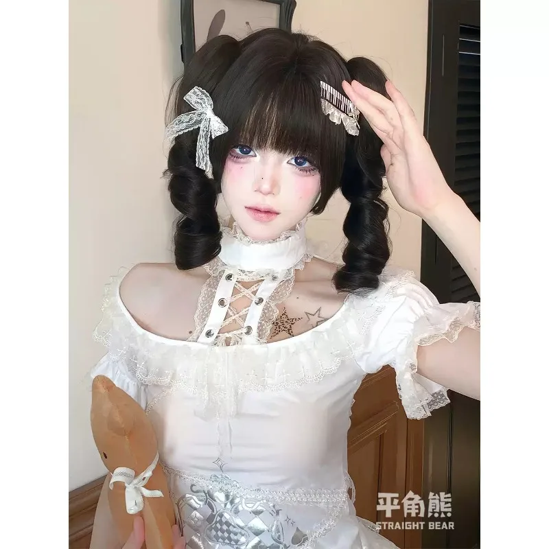 Black Tea Roman Curl Full Wig with Tiger‑Mouth Claw Clip Pigtails Heat‑Resistant Synthetic  Cute Doll Style for Party Cosplay