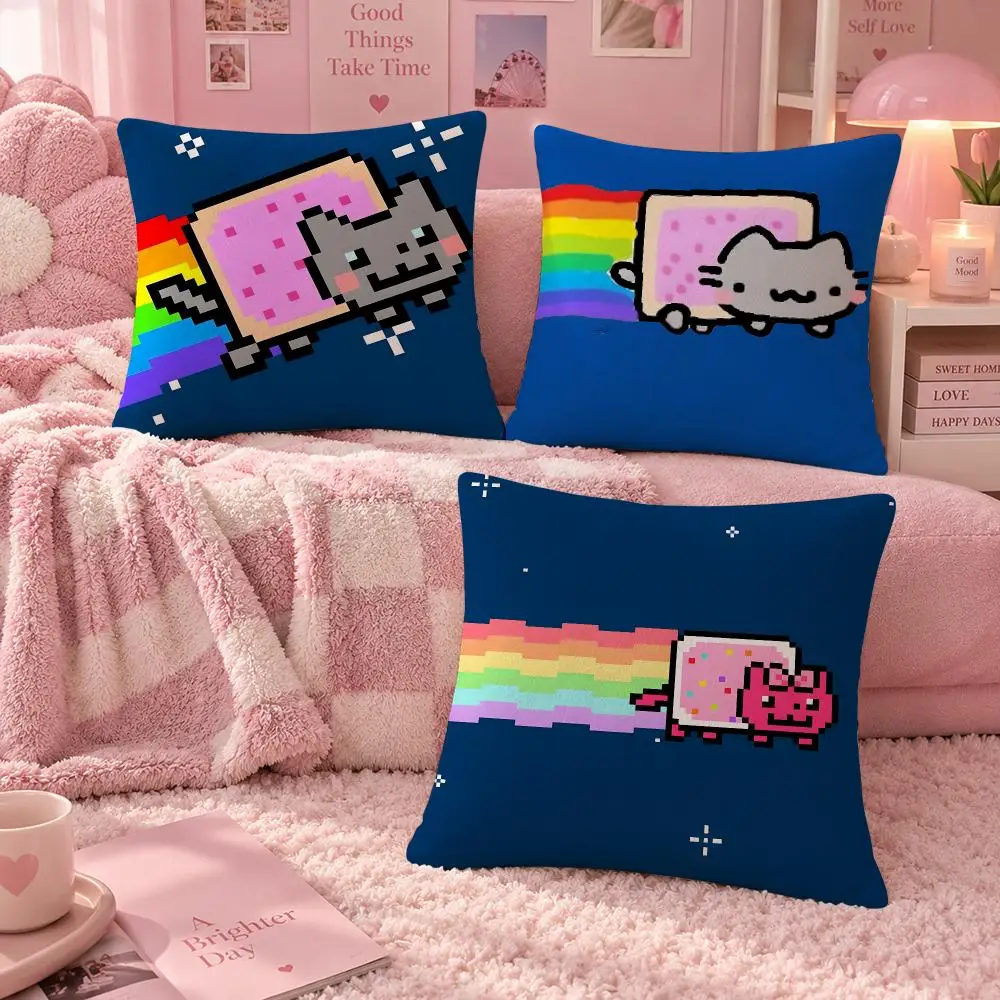 Meme Retro Rainbow Nyan Cat Cushion Cover Soft Throw Pillow Cover Washable Plush Cushion Case for Sofa Bed Living Room