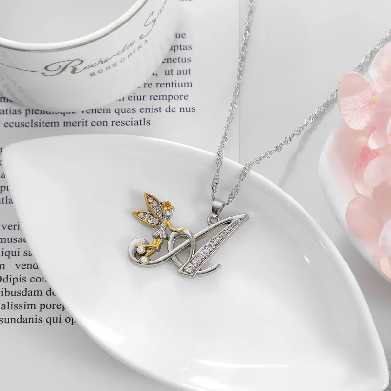 New Disney Fairy Alphabet A-Z Necklaces Cartoon Figure Fashion 26 Exquisite English Letters Personality Diamond-encrusted Gifts