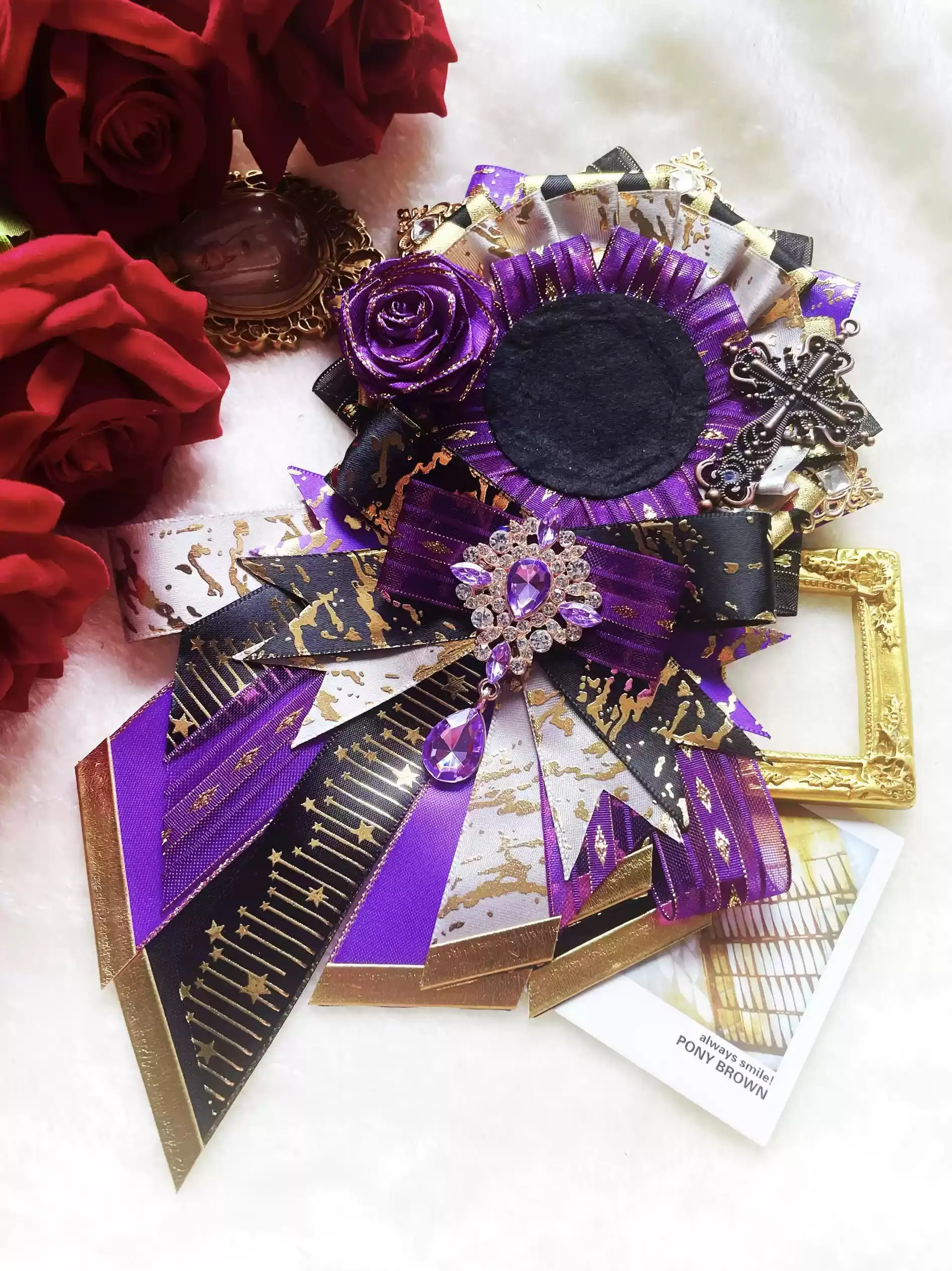 luxury purple badge holder，ita bag ribbon decoration，Appreciation Rosette，long streamers Badge Rosette