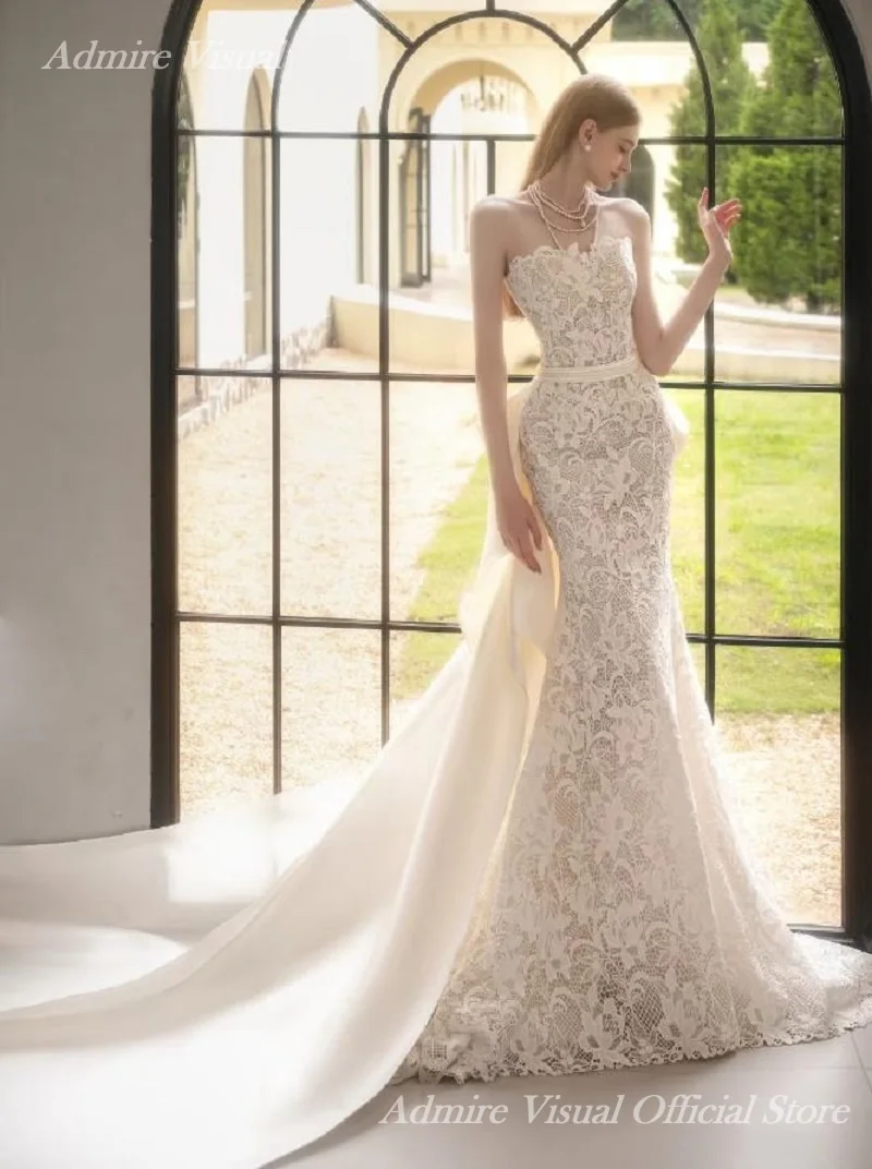 Admire Visual Wedding Dress Mermaid Lace 2 in 1 Strapless Sleeveless With Detachable Train Customized Bride Gowns