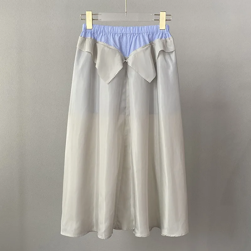 여름 2025 새로운 스타일 컬러 블록 더블 헤드 허리 스플 라이스 미디 스커트 독특하고 세련된 캐주얼 여성 드레스 스커트