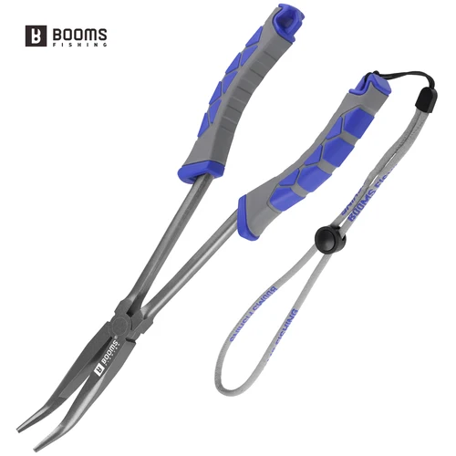 Booms Fishing-Alicates de pesca de punta larga de 29cm, removedor de anzuelos con cordón colgante antipérdida, herramienta de aparejos de agua salada de acero al carbono
