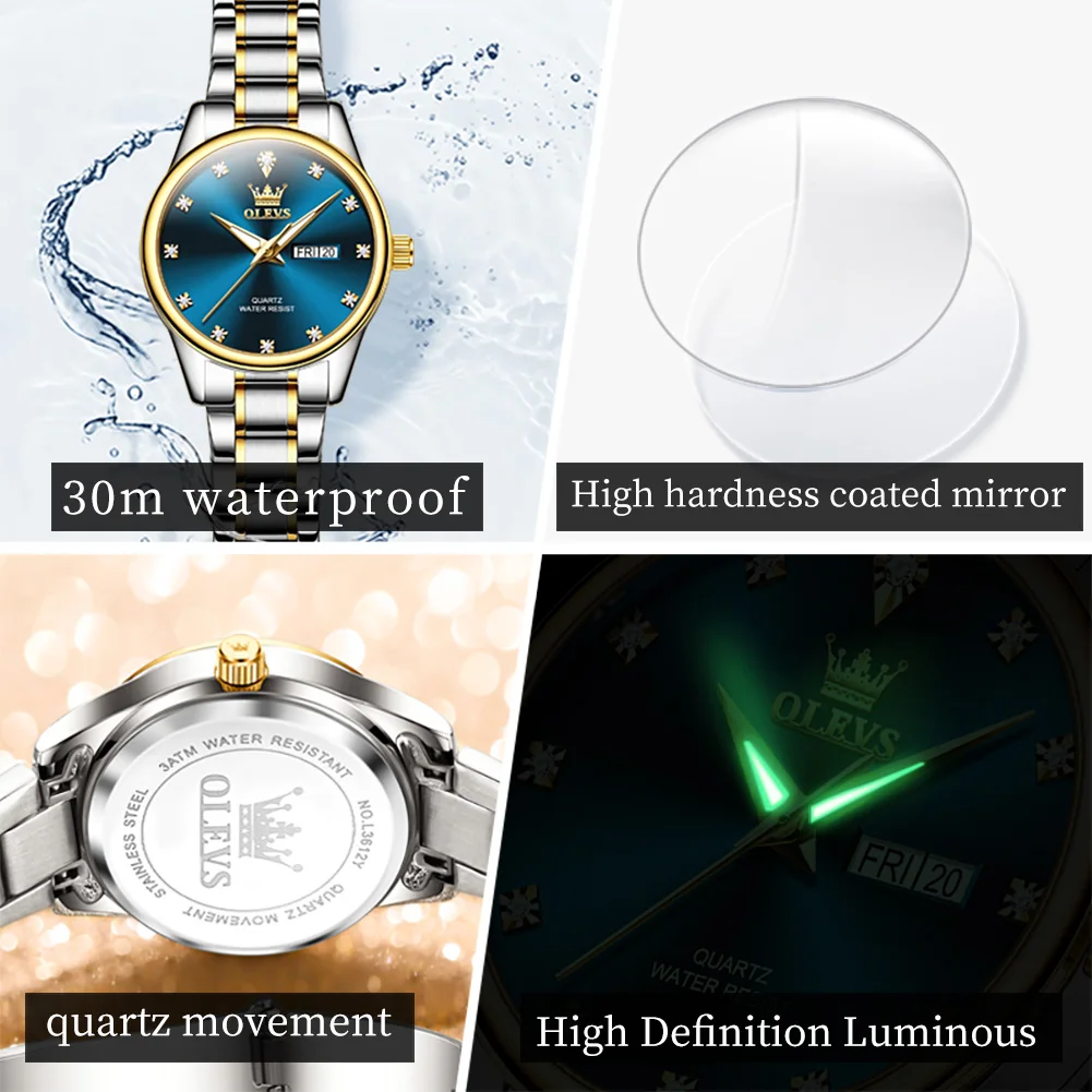 Olevs Luxe Horloge Voor Vrouw Dames Elegant Quartz Horloge Waterdichte Lichtgevende Datum Week Rvs Vrouwen Horloges Klok