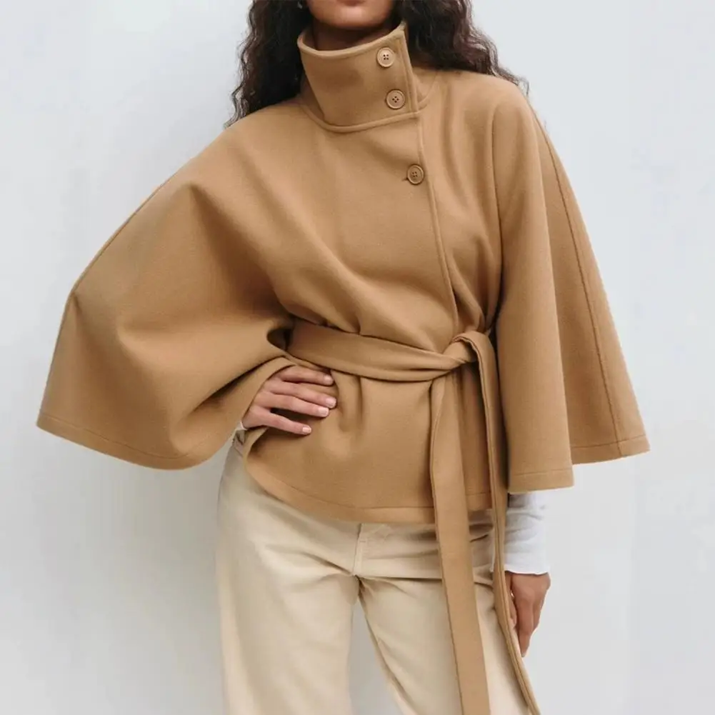 Trench Coat Adjustable Waistband Coat Women’s Wool Batwing Sleeve Poncho Coat with Belt Stand Collar Cropped Cape Jacket Fall
