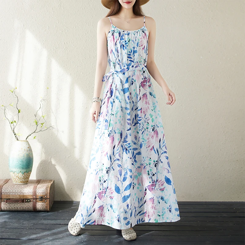 

Новое летнее богемное длинное платье-бретелька для женщин, хлопковое и льняное свободное платье большого размера с цветочным принтом для пляжа, отдыха, путешествий, пляжное платье A448
