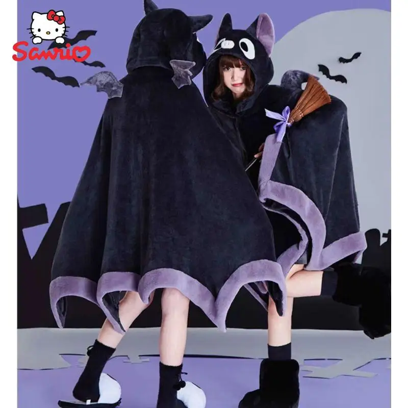 Kuromi Bat Plush Velvet Cloak Pajamas Y2K Anime Shawl Shark Foxes Sleepwear Adults Winter Thickened Pajamas Female Blanket Cape