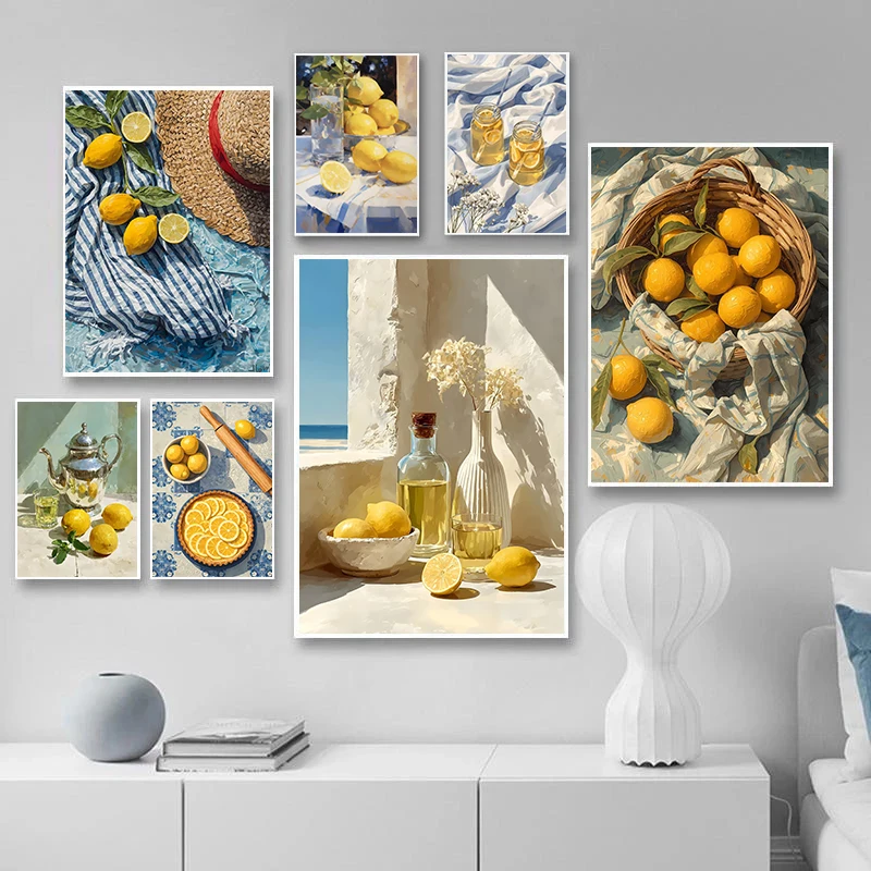 Summer Lemons and Straw Hat Still Poster Lemonade Jars on Striped Modern Prints Canvas Painting Wall Art Picture Home Room Decor
