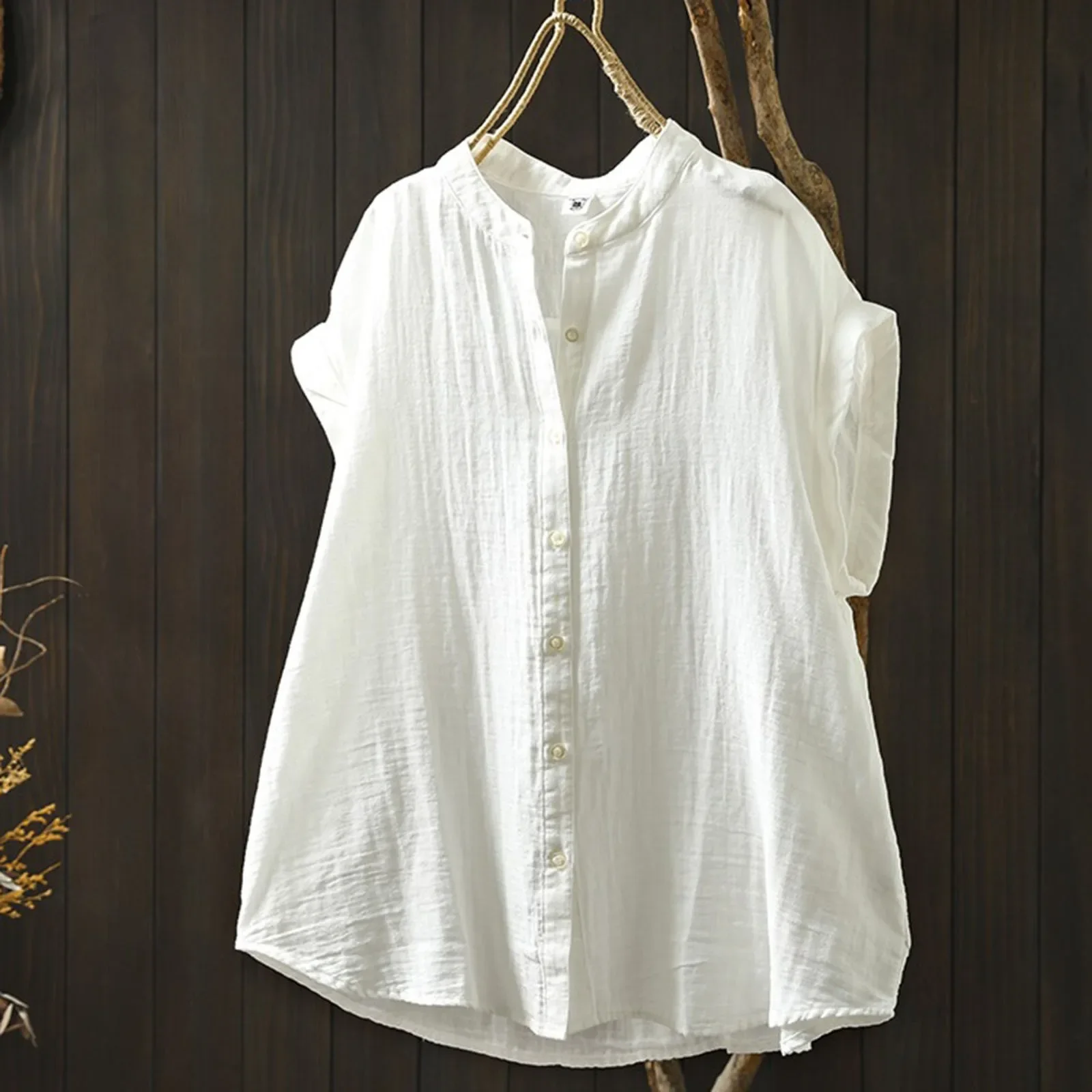 Vintage Cotton Linen Shirt Ladies Stylish Streetwear Short Sleeved Collarless Summer Blouse Women Breathbale Comfty Tops