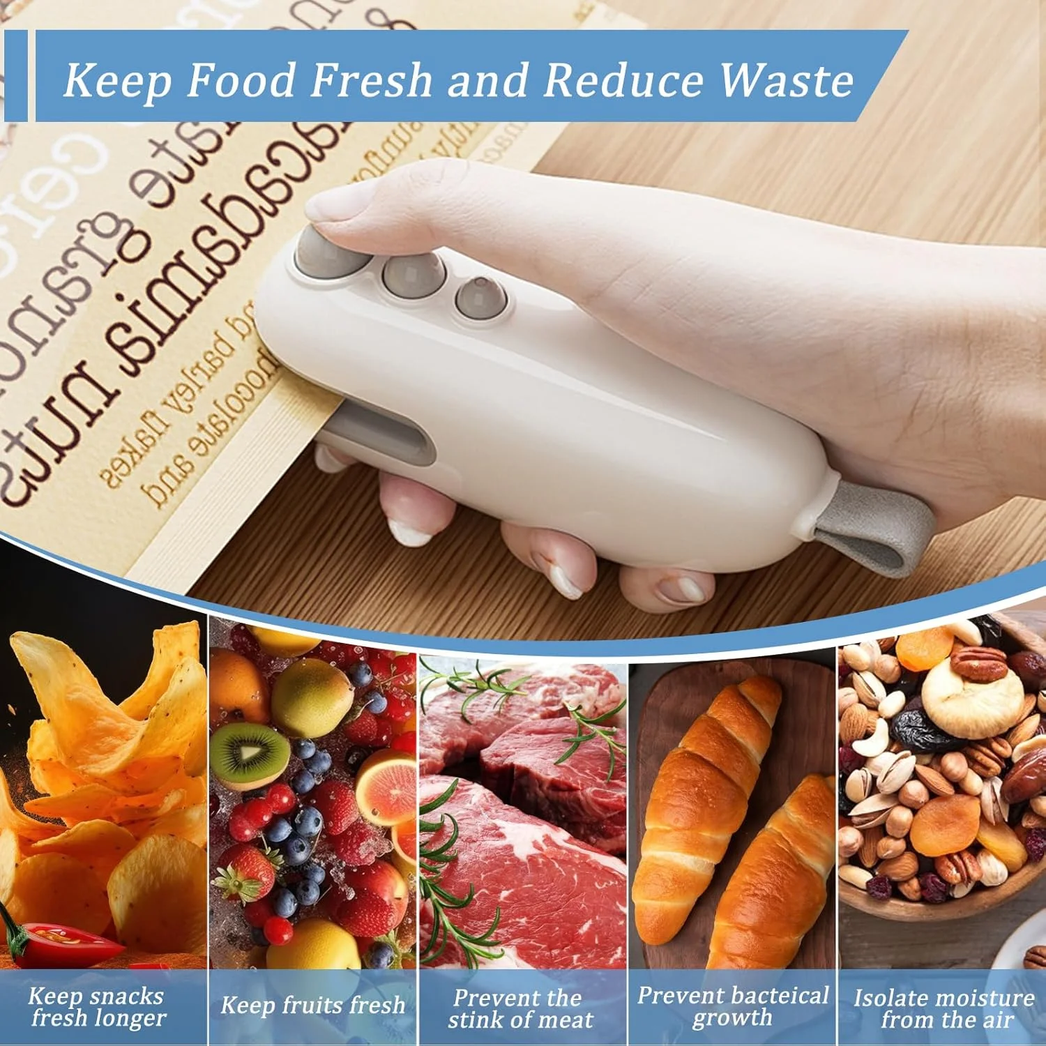 سدادة أكياس صغيرة، 2 في 1، سدادة أكياس رقاقة مع سدادة أكياس قابلة لإعادة الشحن، آلة إعادة إغلاق محمولة للحقائب البلاستيكية Foo