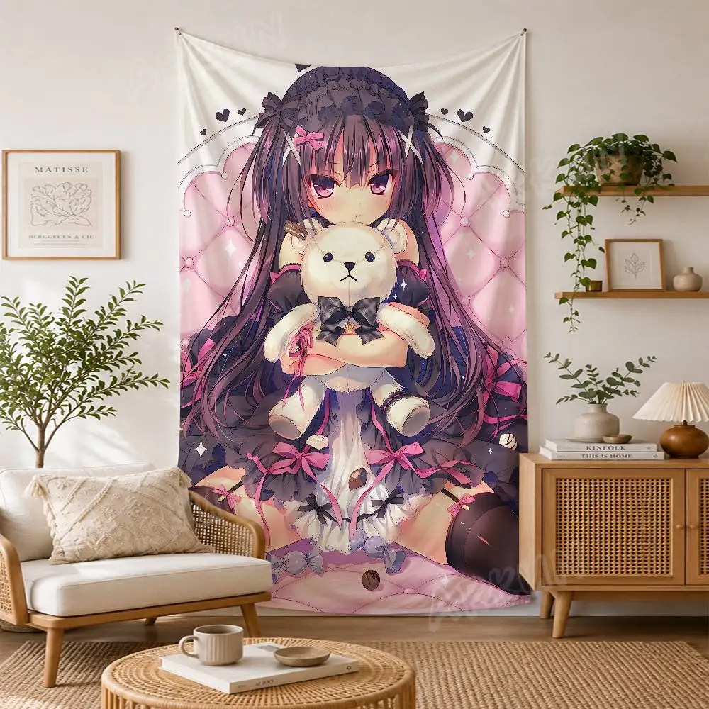Gothic Lolita Anime Girl Tapestry, Dark Pink Tone Maiden Holding Teddy Bear Plush Doll Wall Hanging Decor