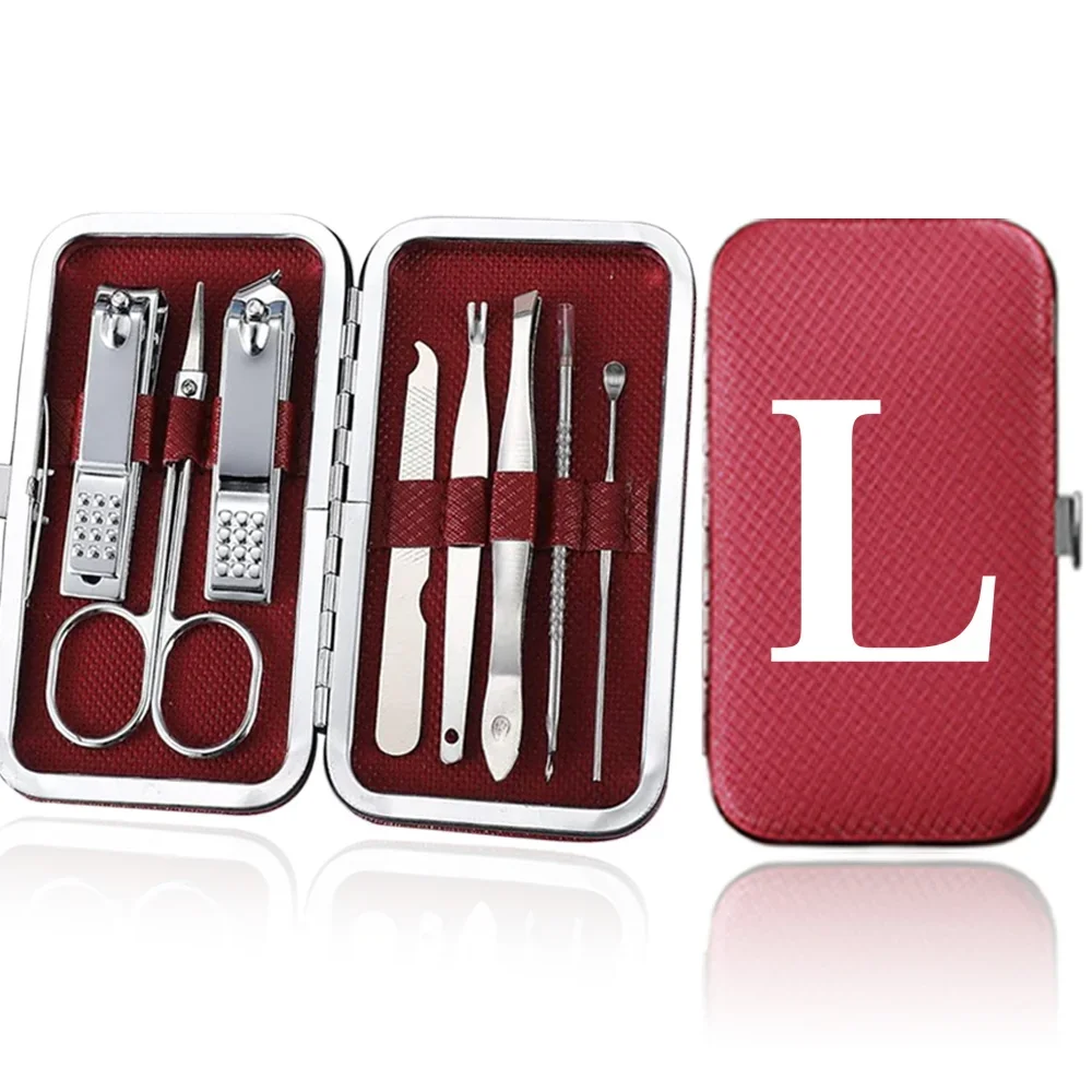 8Pcs Leather Manicure Set PU Organizer Stainless Steel Nail Clipper Pedicure Tool Kit Portable Trimmer Case White Letter Pattern