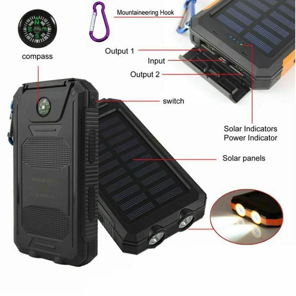 Solar 80000mAh Power Bank Outdoor Waterproof Spare Battery External Dual USB Powerbank Portable Charging with LED Flashlight