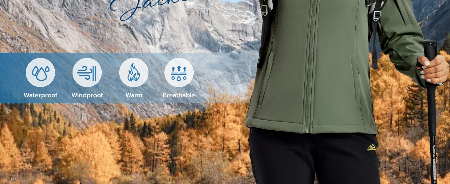 TACVASEN Womens Fleece Lined Softshell Jacket Waterproof Hiking Coat with Hood Thumbholes Lightweight Windproof Full Zip Jacket